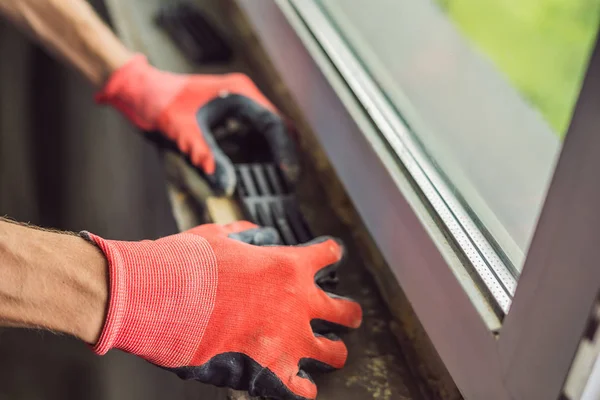 Close Male Hands Red Protective Gloves Doing Window Installation — Stock Photo, Image