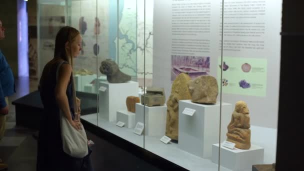 KUALA LUMPUR, MALAYSIA - MAGGIO. 1 Madre e figlio guardare esposizione storica nel museo di storia della nazione — Video Stock