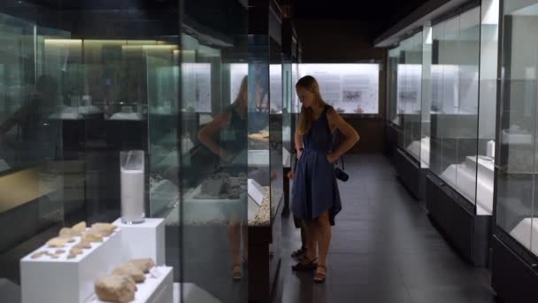 Mãe Filho Assistir Exposição Histórica Museu História Natural — Vídeo de Stock