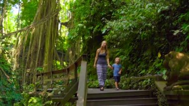 Genç bir kadın ve küçük oğlu maymun orman Eko park Ubud, Endonezya ziyaret Slowmotion atış