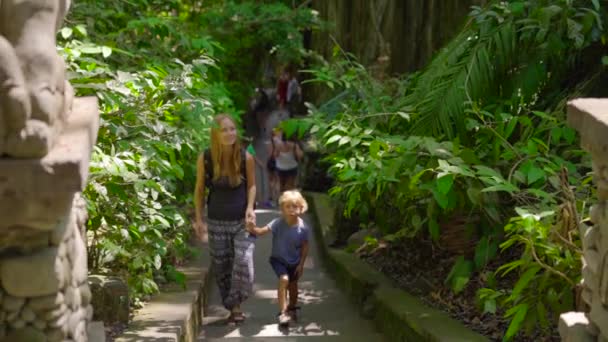 Медленная съемка молодой женщины и ее маленького сына, посещающих экологический парк обезьян в Убуде, Индонезия — стоковое видео