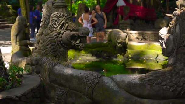 Steadicam skott av en helig sten statyer i naturparken Monkey forest i Ubud village, Bali, Indonesien — Stockvideo