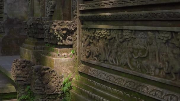 壁と石の彫刻で覆われたサル森の中の寺院の彫像のステディカム ショット — ストック動画