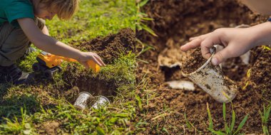 Çocuk geri dönüşüm çalıyor. Plastik tek kullanımlık tabakları ve ayrıştırılabilir tabakları gömüyor. Birkaç ay sonra, bulaşıkları kazıp çıkardı ve ayrıştırılabilir tabakların çözülmeye başladığını gördü.
