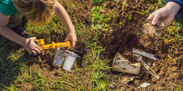 The boy plays recycling. He buries plastic disposable dishes and biodegradable dishes. After a few months, he dug up the dishes and saw that the biodegradable dishes began to decompose and plastic did — Stock Photo, Image