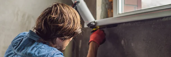 Young Man Blue Shirt Doing Window Installation House — Stock Photo, Image