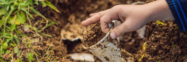 Мальчик играет в утилизацию. Он хоронит пластиковые одноразовые тарелки и биоразлагаемую посуду. Через несколько месяцев, он выкопал посуду и увидел, что биологически разлагающиеся блюда начали разлагаться и пластик сделал