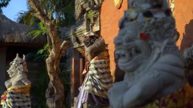 Puri Saren Kraliyet Sarayı Bali Adası Ubud köyde içinde Taş heykellerin Slowmotion vurdu. Endonezya kavramı için seyahat