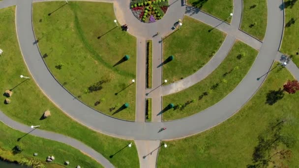 TopView antenne schot van twee jongetjes paardrijden fietsen in een park — Stockvideo