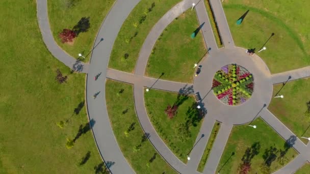 Topview Tiro aéreo de dois meninos andando de bicicleta em um parque — Vídeo de Stock
