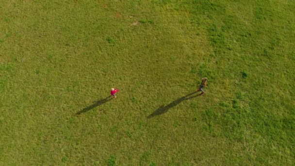 Topview Vue aérienne d'une jeune femme et de son petit fils jouant avec un avion en plastique dans un parc — Video