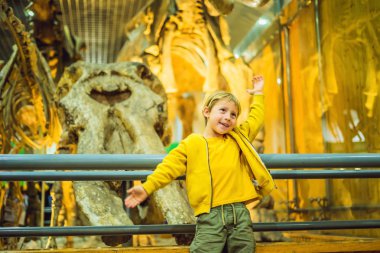 Dinazor iskeleti Müzesi izlerken heyecan verici küçük çocuk.