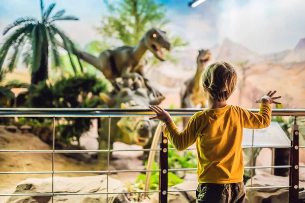 Niño Camisa Amarilla Viendo Modelo Dinosaurio Museo — Foto de Stock