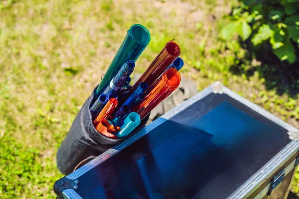 Colored gels for light sources on cinema production set — Stock Photo, Image