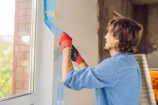 Man Blue Shirt Using Sticky Tape While Window Installation — Stock Photo, Image