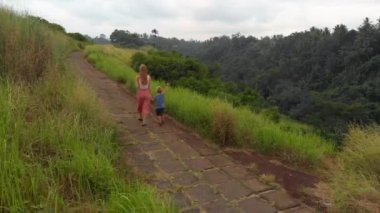 Genç bir kadın ve küçük oğlu sanatçı Walk - Campuhan Ridge yürümek Ubud köyün Bali Adası üzerinde yürüyen hava atış.
