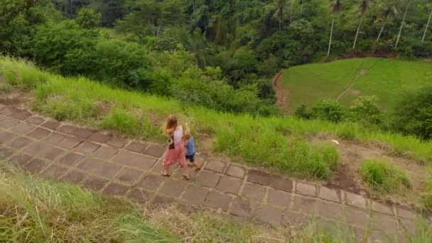 若い女性と、アーティストを歩く - Campuhan 尾根を歩くバリ島ウブド村の上を歩く彼女の幼い息子の空中ショット — ストック動画