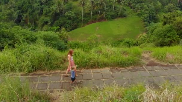 Luchtfoto van een jonge vrouw en haar zoontje wandelen op de kunstenaars Walk - Campuhan Ridge lopen in het Ubud dorp op het eiland Bali — Stockvideo