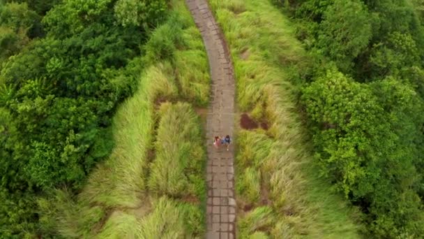 Luftaufnahme einer Familie beim Wandern auf dem Künstlerpfad - Campuhan-Gratwanderung im Ubud-Dorf auf der Insel Bali — Stockvideo