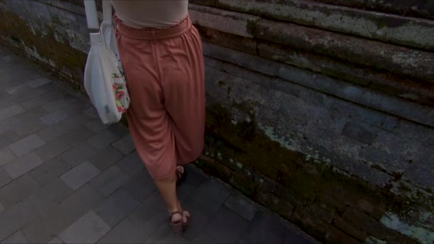 Zeitlupen-Steadicam-Aufnahme einer jungen Frau und ihres kleinen Sohnes beim Besuch des königlichen Palastes Taman Ayun auf der Insel Bali — Stockvideo