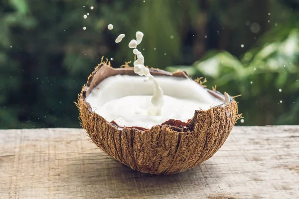 Frutta di cocco e spruzzi di latte al suo interno su uno sfondo di una palma — Foto Stock