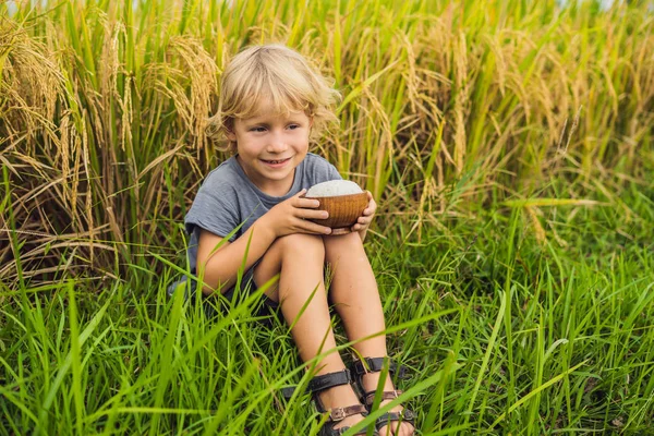 El niño sostiene una taza de arroz hervido en una taza de madera sobre el fondo de un campo de arroz maduro. Concepto de comida para niños —  Fotos de Stock