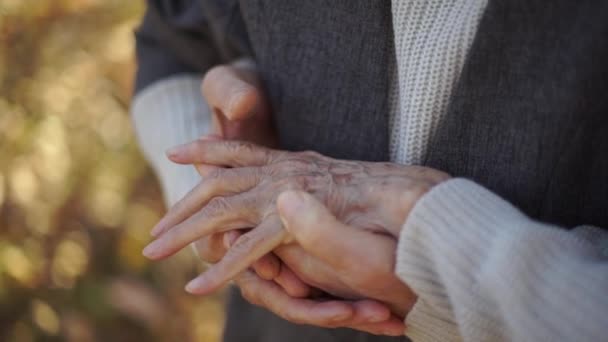 Slowmotion tiro de um casal de idosos abraçando em um parque em um belo ambiente de outono — Vídeo de Stock