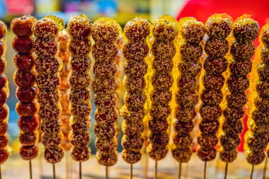 Geleneksel Çince tatlı - şekerlenmiş meyve tahta bir sopa üzerinde