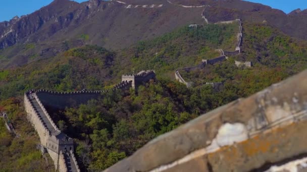 Část Čínského Velké Zdi Který Zvedá Svah Hory Začátkem Podzimu — Stock video