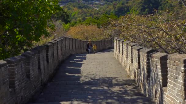 Steadicam skott av en ung kvinna och hennes lille son som går uppför trappan av kinesiska muren — Stockvideo