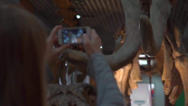 BEIJING, CHINA - 26 DE OCTUBRE DE 2018: Mujer joven toma una foto de un esqueleto de un mamut un museo de historia natural — Vídeo de stock