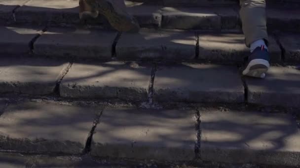 若い男と中国万里の長城の階段を上って歩いて彼の幼い息子のステディカム ショット — ストック動画