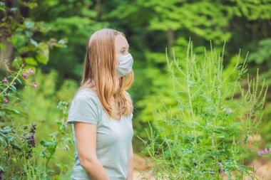 Tıbbi maske ragweed alerjisi nedeniyle genç kadın