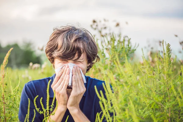 Молодой человек чихает из-за аллергии на сорняки — стоковое фото