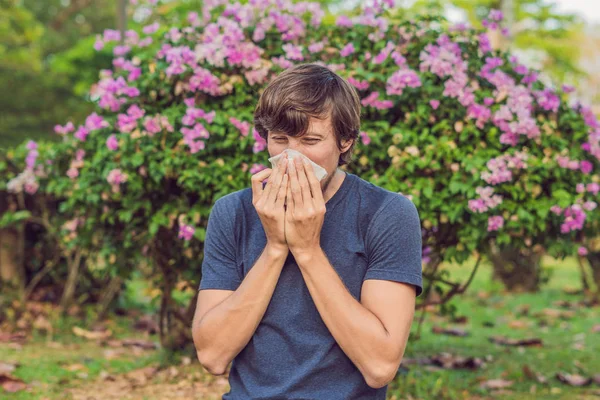A fiatalember tüsszentés pollen allergia miatt — Stock Fotó