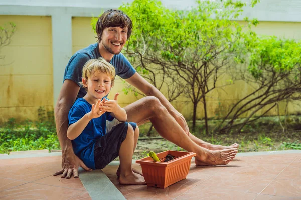 Vader en zoon in de tuin in de buurt van het huis tuinieren — Stockfoto
