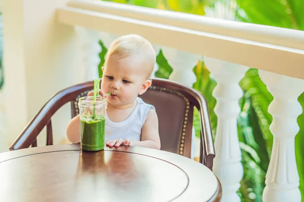 Niño bebiendo batido de verduras verdes saludables - alimentación saludable, vegetariano, vegetariano, alimentos orgánicos y concepto de bebida — Foto de Stock