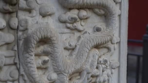 Сделан снимок каменного обелиска, покрытого узорами дракона, расположенного внутри внутренней части города Форбиден - древнего дворца императора — стоковое видео