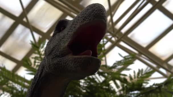 Peking, China - 22. Oktober 2018: bewegliches Modell eines Langhals-Dinosauriers in einem Museum — Stockvideo