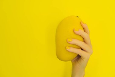 El ile bir sarı olgun mango sarı bir arka plan üzerinde tutan sarı manikür
