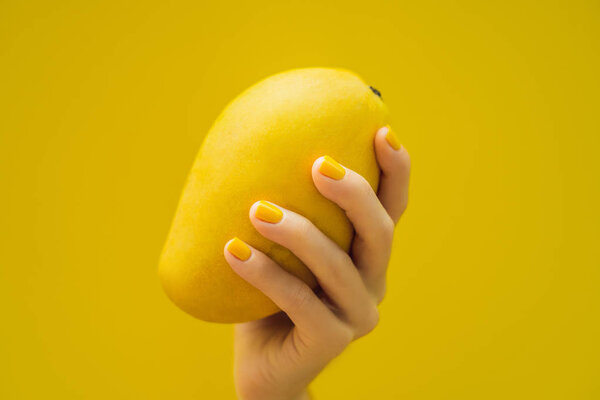 Hand with a yellow manicure holding a yellow ripe mango on a yellow background