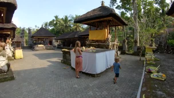 Slowmotion shot of a young woman and her little son visiting the Gunnung Kawi ancient graves of kings — Stock Video