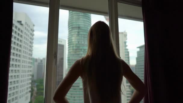 Superslowmotion Shot Successful Rich Young Woman Standing Window Her Downtown — Stock Video