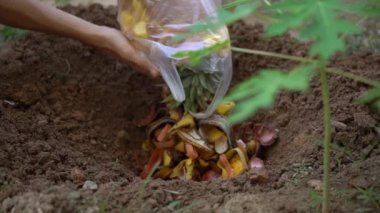 Organik ev artıkları gömmek Slowmotion atış bir adam. organik atık azaltmak oncept. Organik atık geri dönüşüm kavramı.
