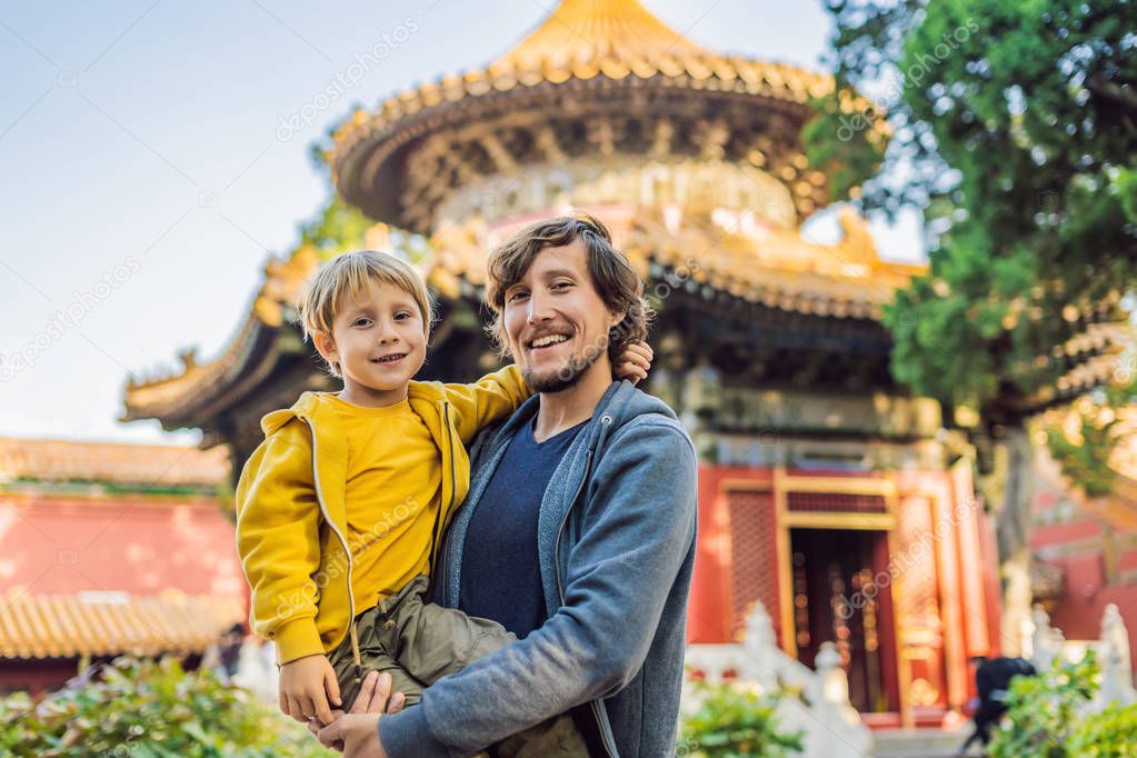 Enjoying vacation in China. Dad and son in Forbidden City. Travel to China with kids concept. Visa free transit 72 hours, 144 hours in China