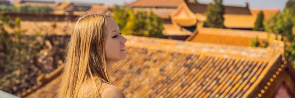 Enjoying vacation in China. Young woman in Forbidden City. Travel to China concept. Visa free transit 72 hours, 144 hours in China BANNER, LONG FORMAT