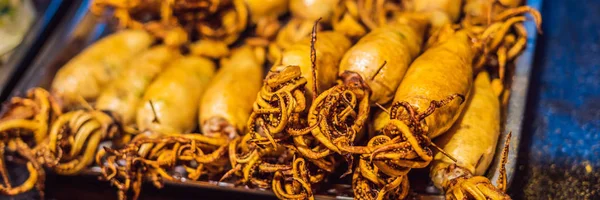 Street Food - gegrillter Tintenfisch wangfujing Nachtmarkt Banner, langes Format — Stockfoto