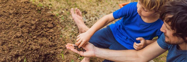 Father and son gardening in the garden near the house BANNER, LONG FORMAT — Stock Photo, Image