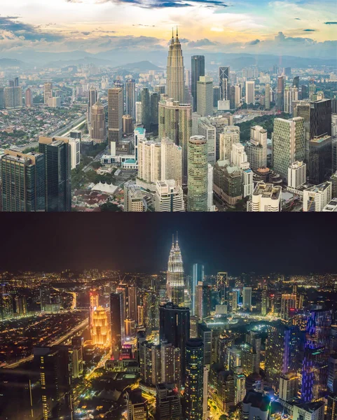 昼と夜。クアラルンプールのスカイライン、都市、美しい空と高層ビルの眺め。クアラルンプールの街並み。マレーシアのクアラルンプール市スカイライン摩天楼のパノラマ ビュー — ストック写真