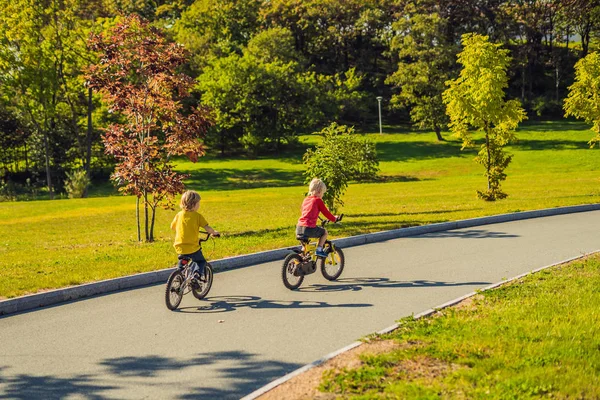 Δύο Χαρούμενα Αγόρια Ποδήλατο Στο Πάρκο — Φωτογραφία Αρχείου